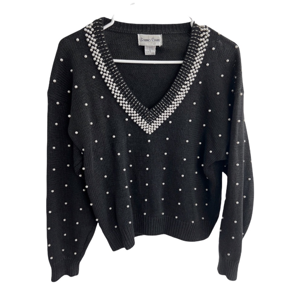 Vintage black vneck sweater with pearls and beaded detailed neckline size medium